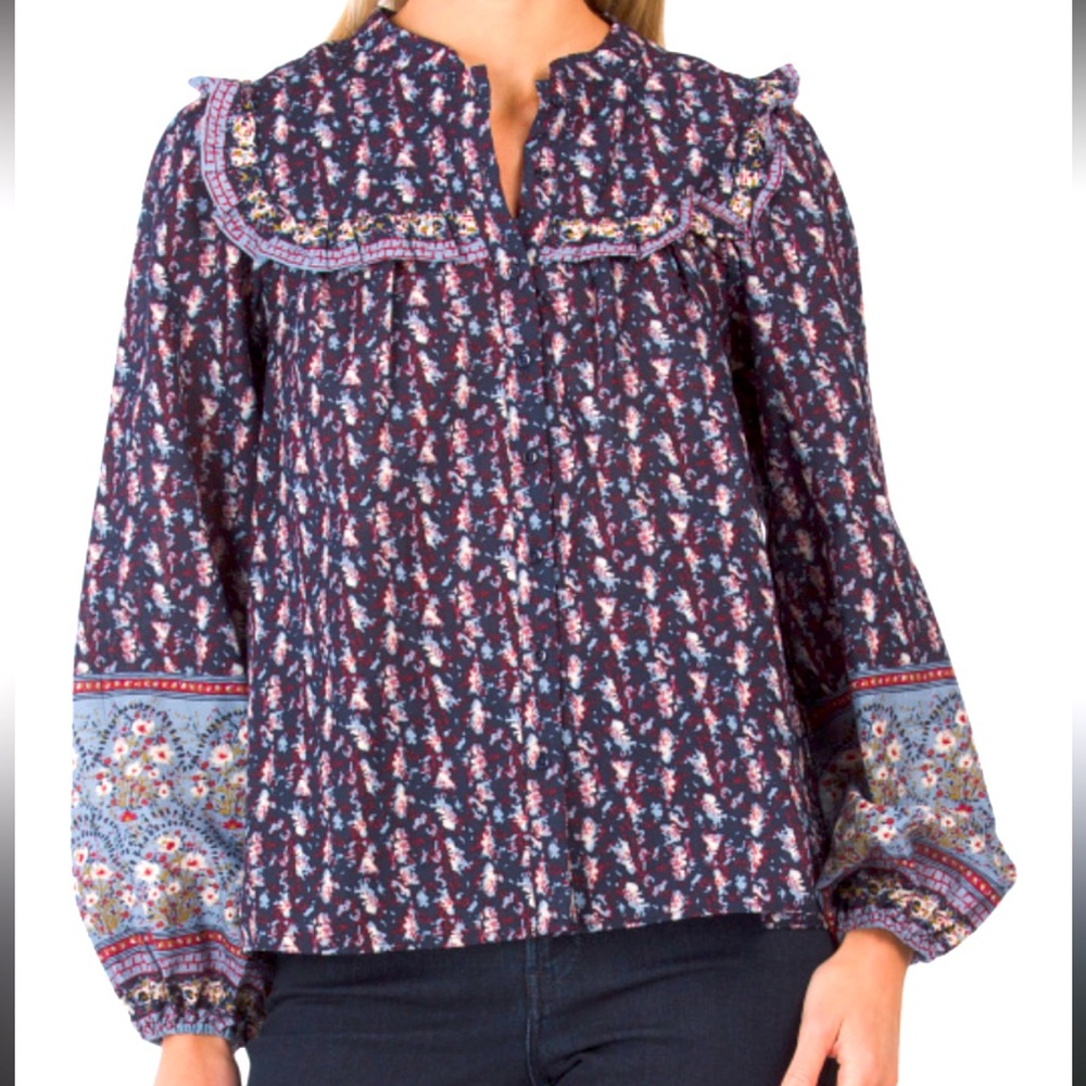 Joie Navy Floral Cotton Victorian Long Sleeve Blouse Top Shirt Women Large